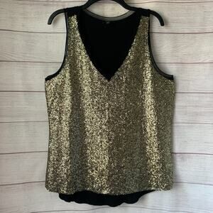Cupio Black and Gold Sequin Front Tank Top Mesh Trim V Neck Size XL